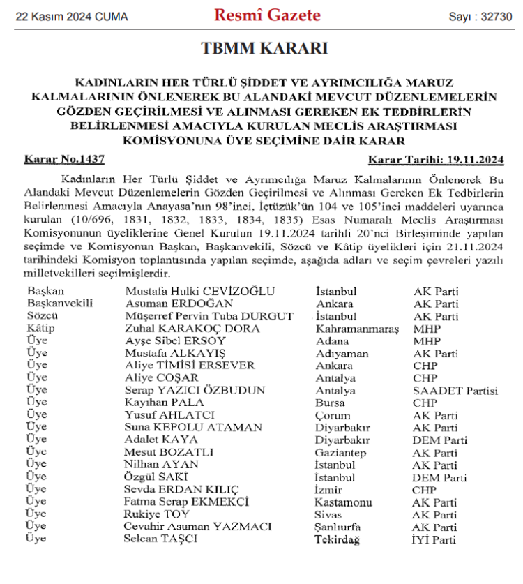 Kadınlara şiddeti önleyecek Araştırma Komisyonu 'Resmi'leşti