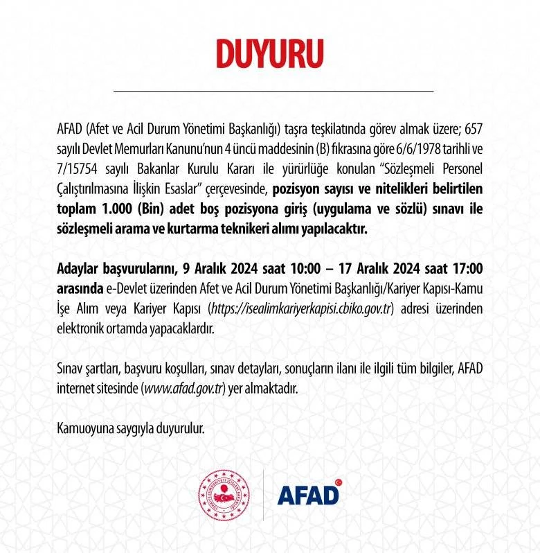 AFAD’dan 1000 Sözleşmeli Personel Alımı: Başvuru Tarihleri Belli Oldu!