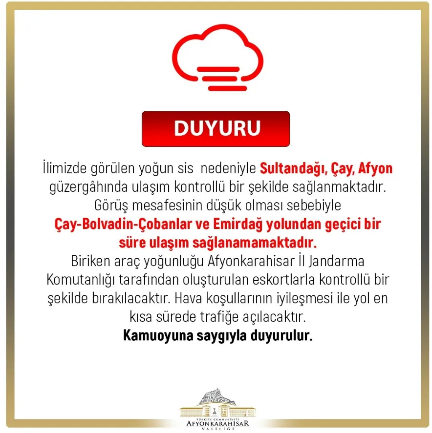 Yoğun Sis Afyonkarahisar'da Ulaşımı Olumsuz Etkiliyor